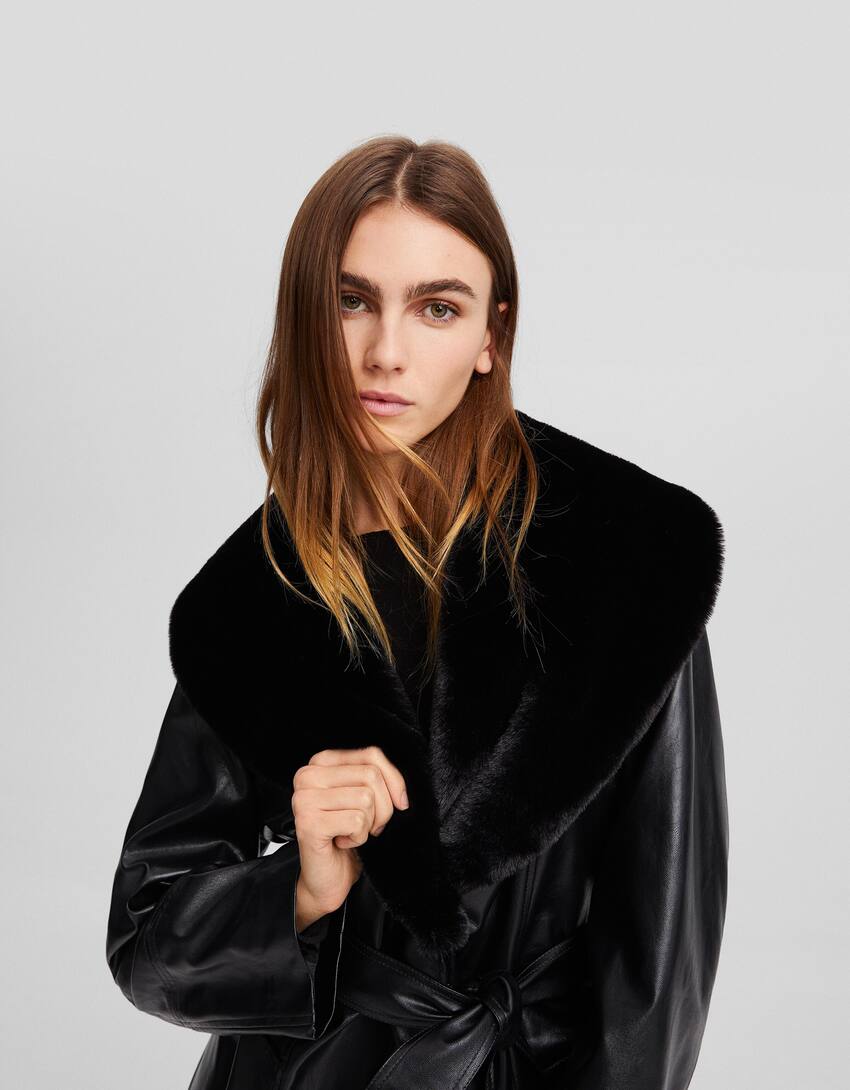 Faux leather trench coat with faux fur lapels-Black-3