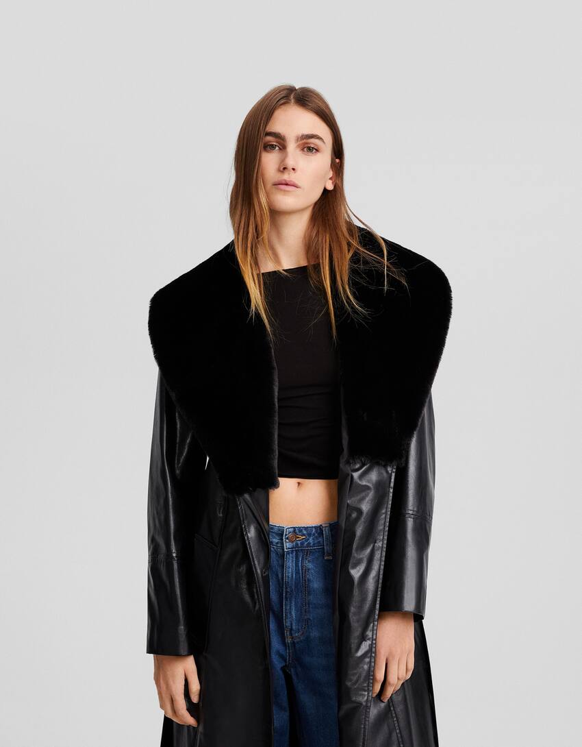 Faux leather trench coat with faux fur lapels-Black-1