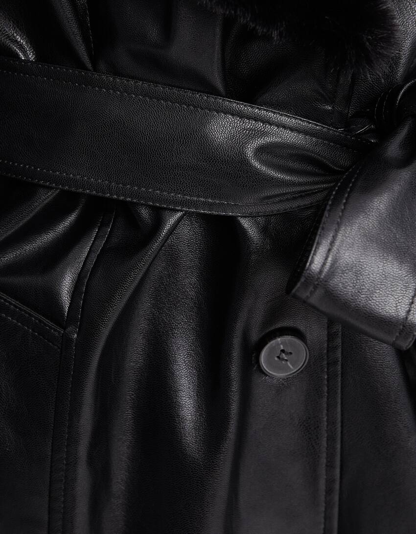 Faux leather trench coat with faux fur lapels-Black-5