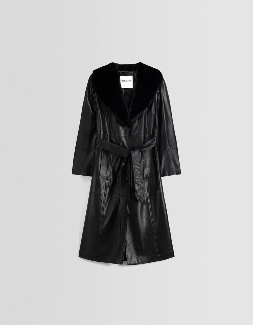 Faux leather trench coat with faux fur lapels-Black-4