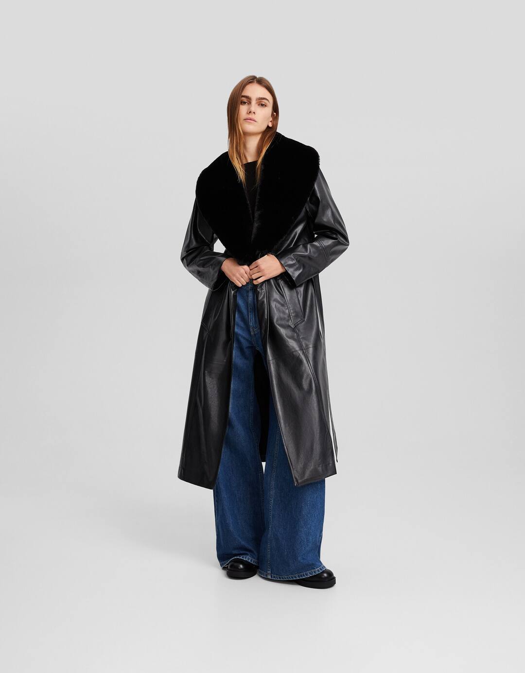 Faux leather trench coat with faux fur lapels