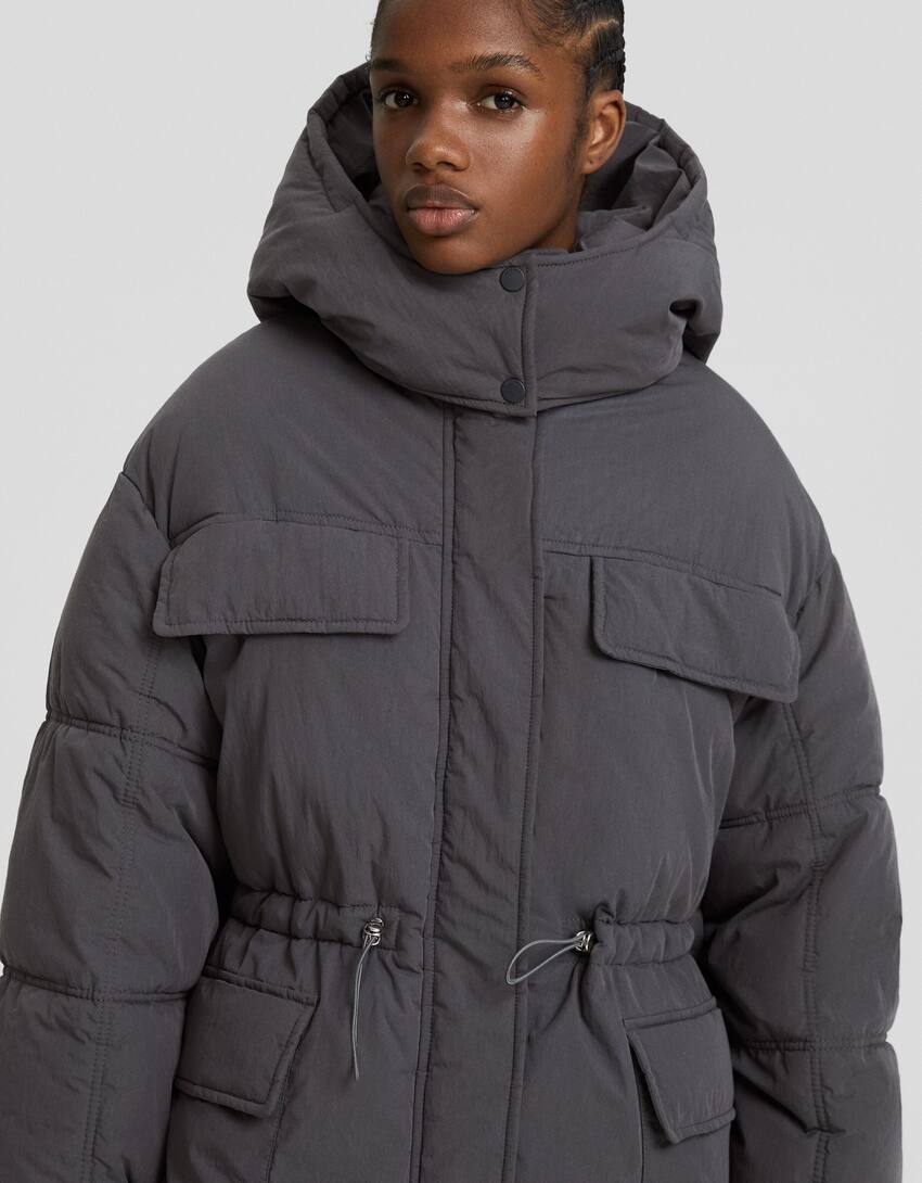 Puffer coat with hood-Dark grey-2