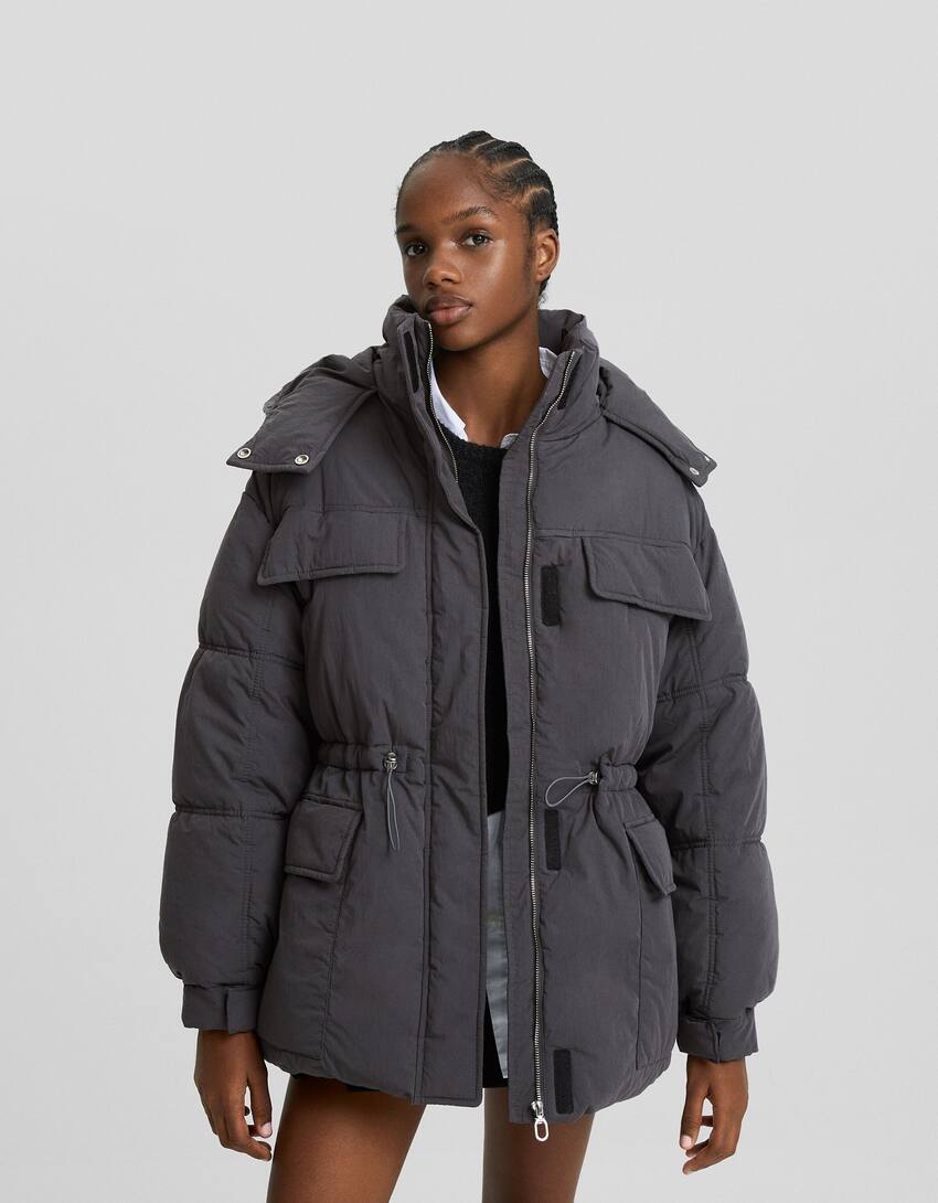 Puffer coat with hood-Dark grey-0