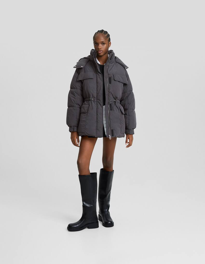 Puffer coat with hood-Dark grey-3