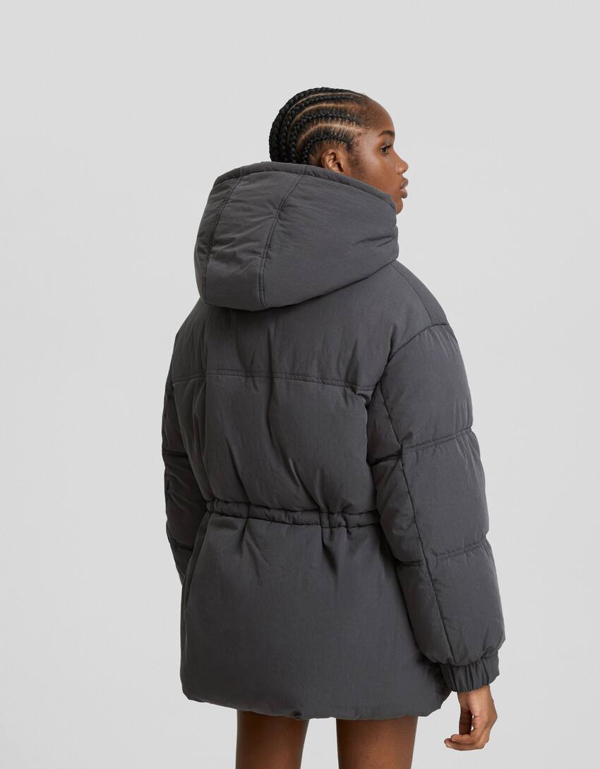 Puffer coat with hood-Dark grey-1