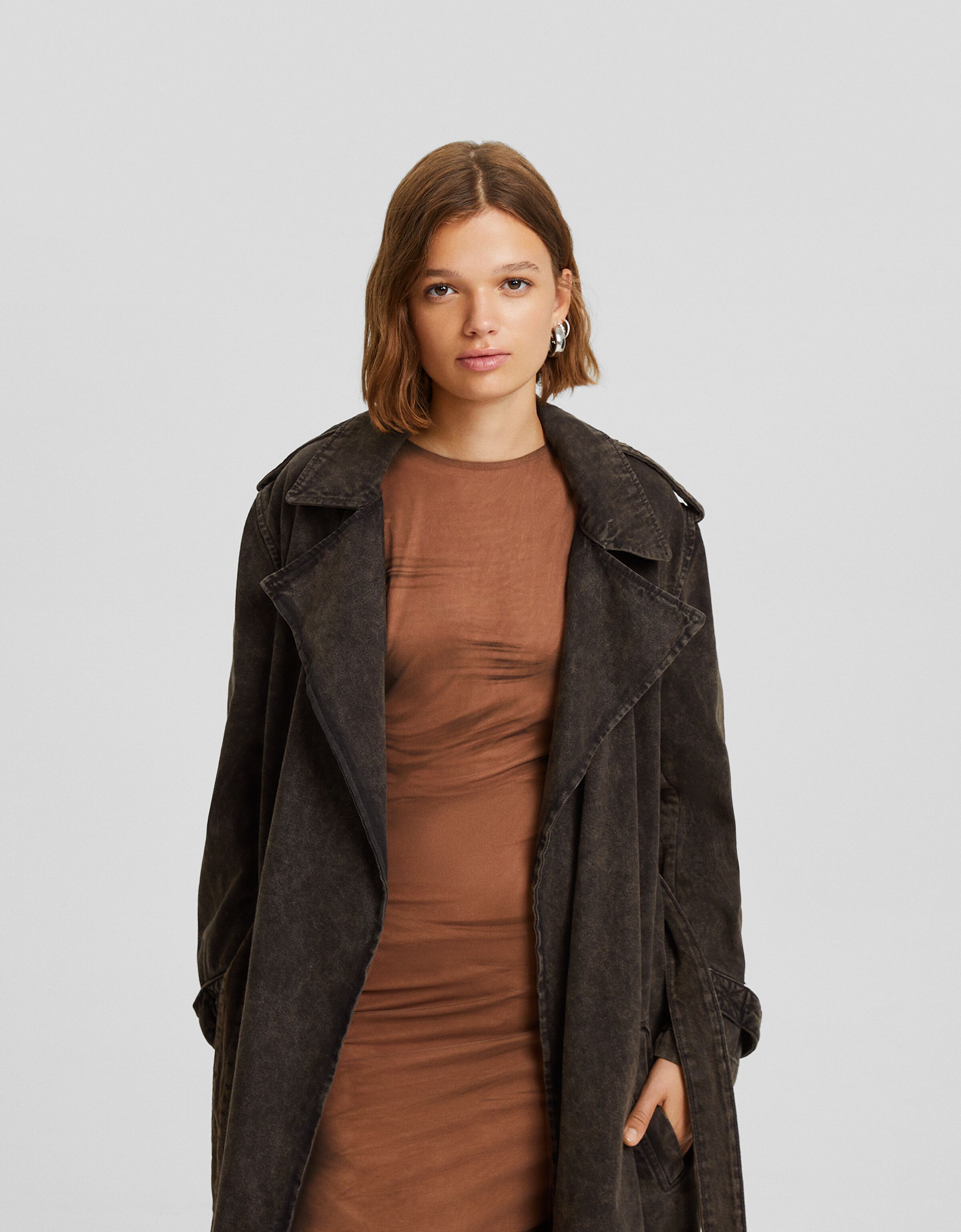 Twill trench coat Tops and bodysuits Women Bershka