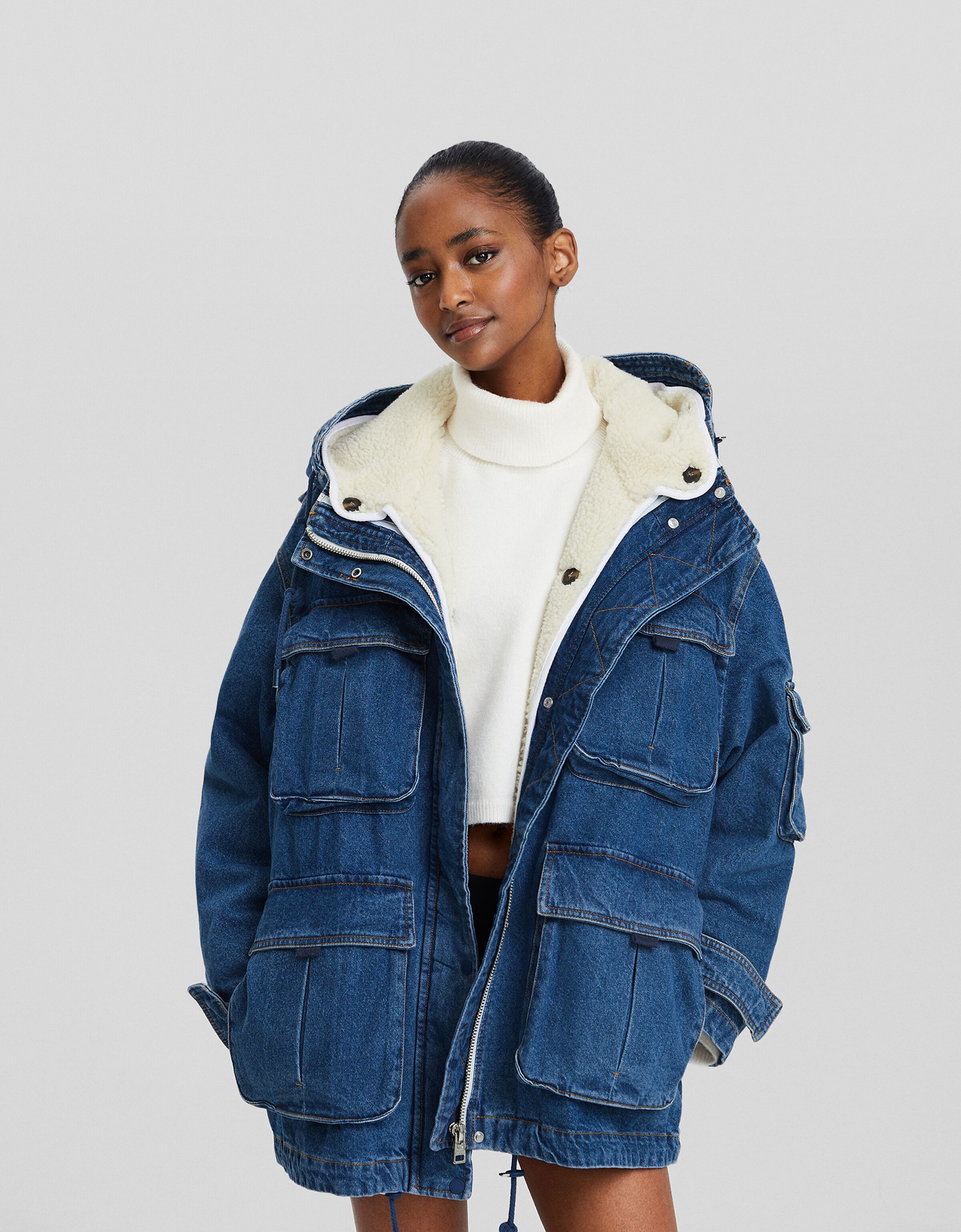 Long denim parka with faux shearling lining BSK Teen Bershka