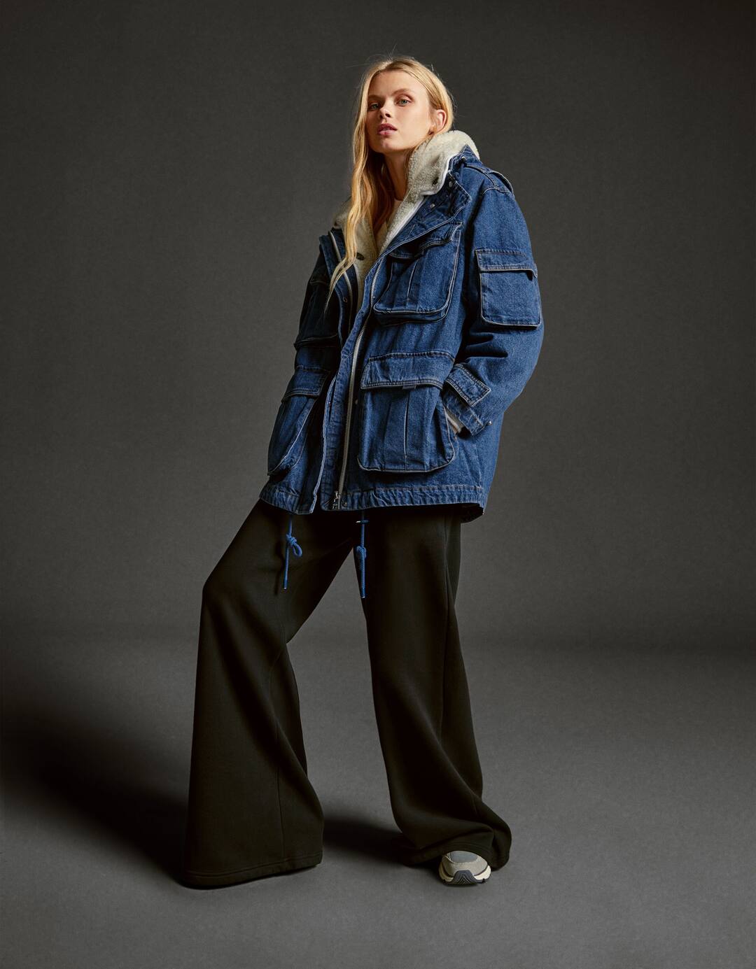 Long denim parka with faux shearling lining