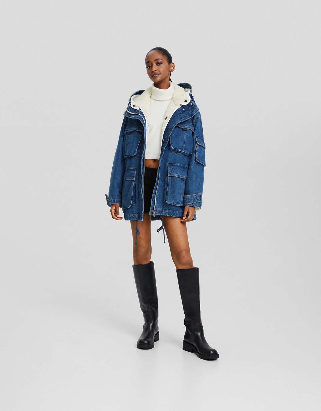 Parka comprida denim com forro com efeito de pelo encaracolado