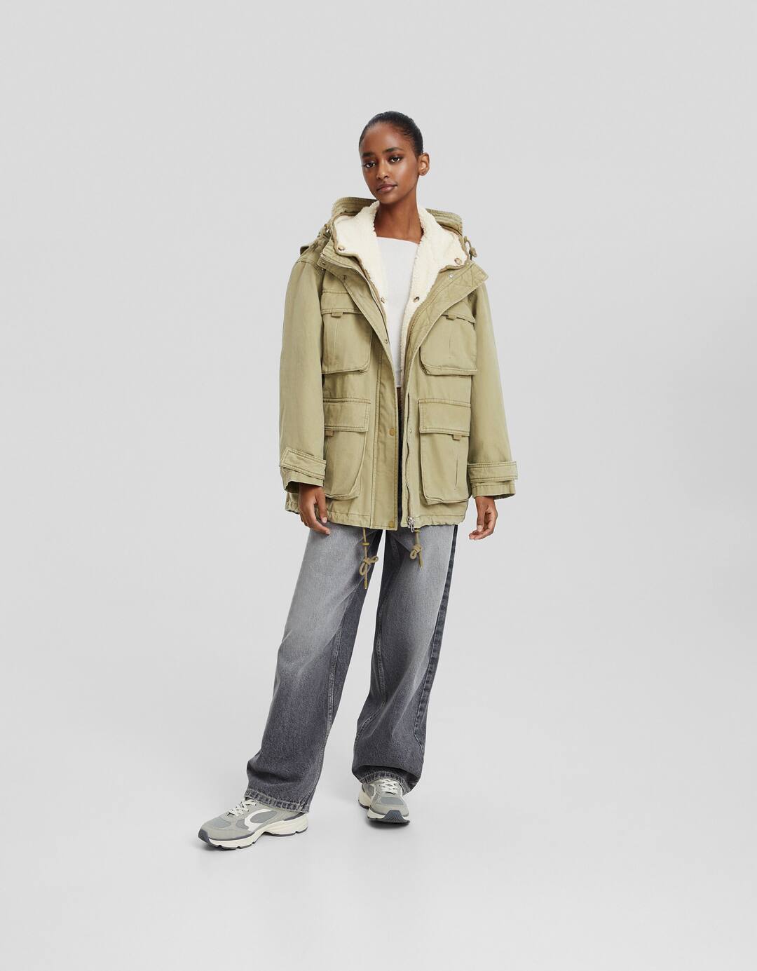 Long cotton parka with faux shearling lining