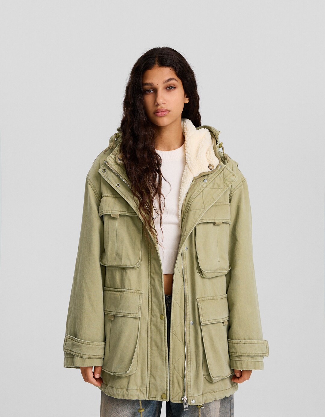 Parka lungo in cotone con fodera in montone sintetico