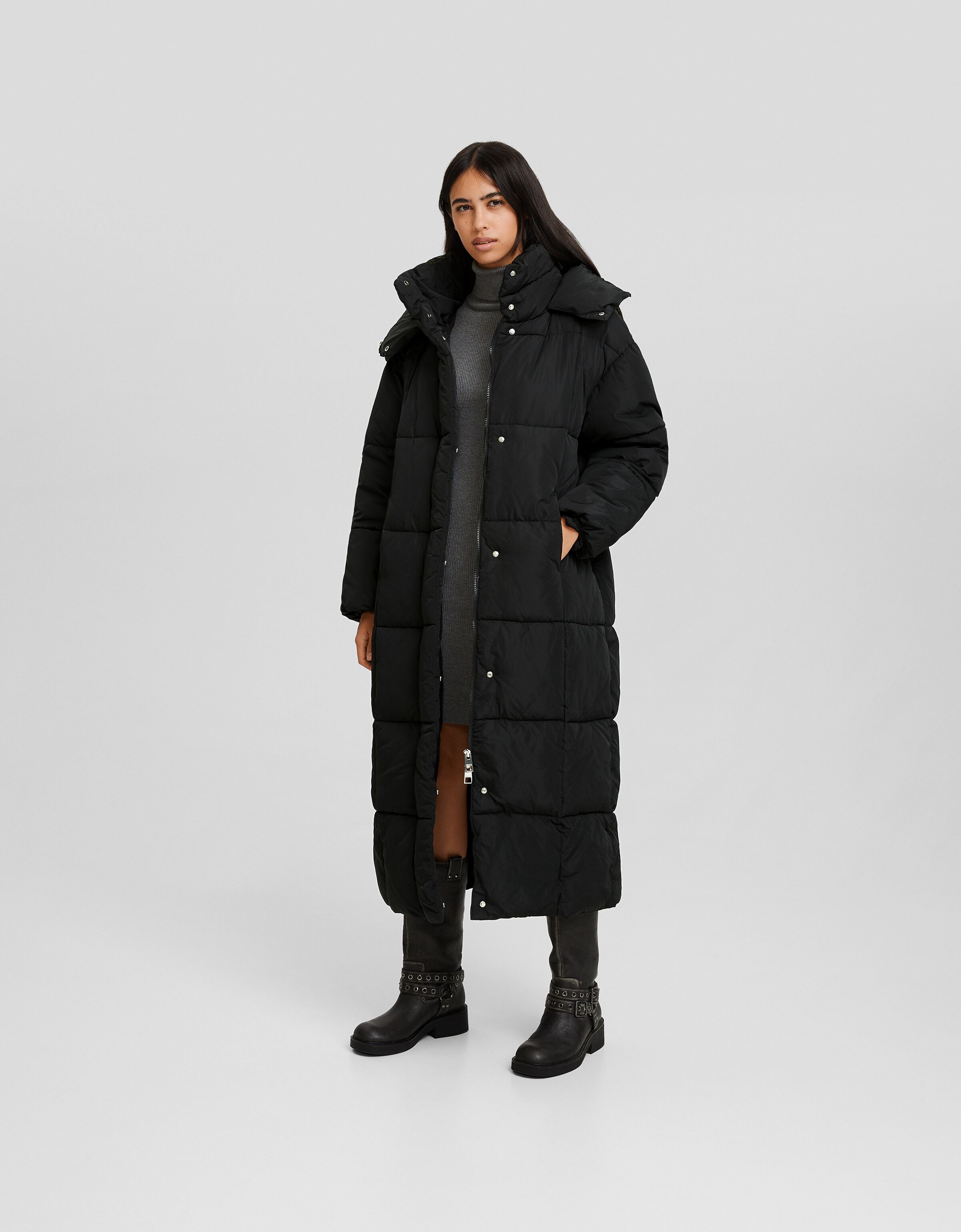 Bershka longline puffer coat hotsell with hood in black