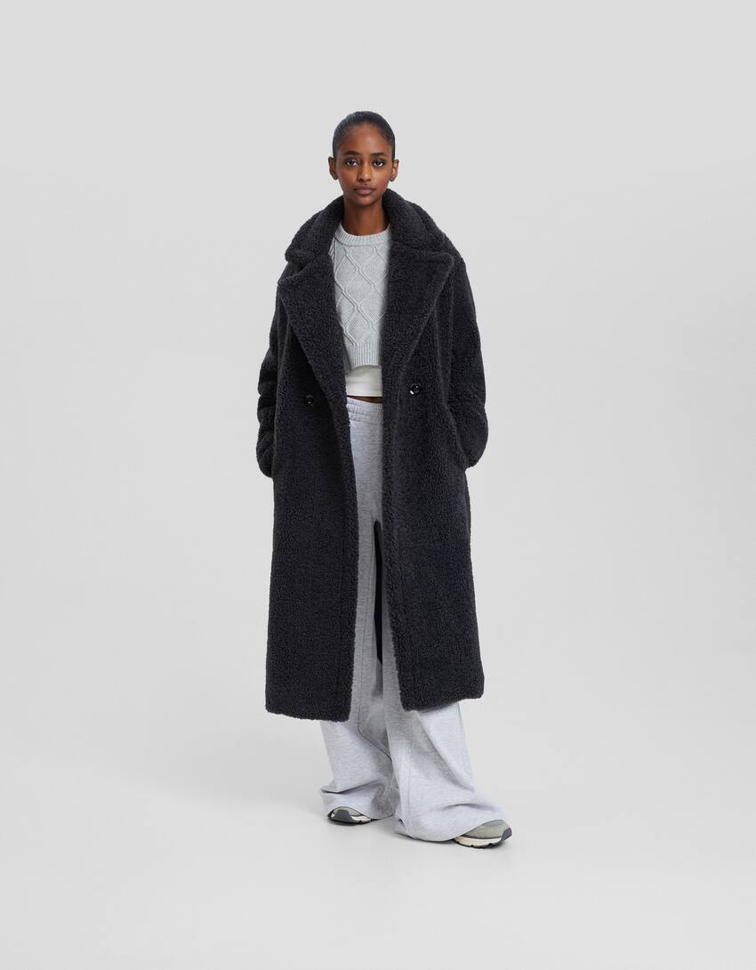 Long faux shearling coat-Dark grey-0