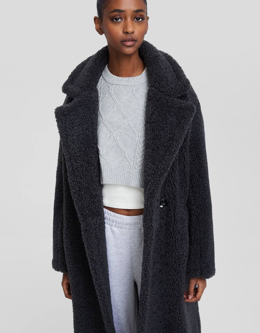 Long faux shearling coat-Dark grey-3