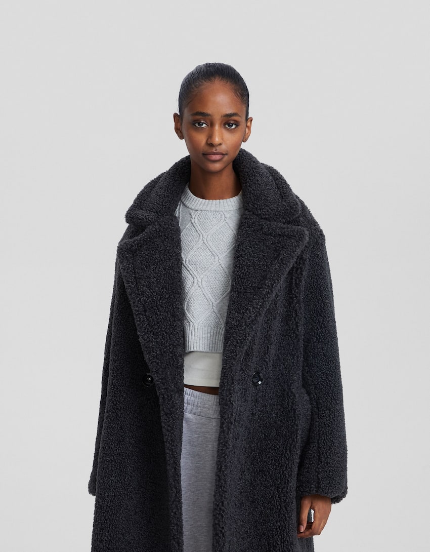 Long faux shearling coat-Dark grey-1