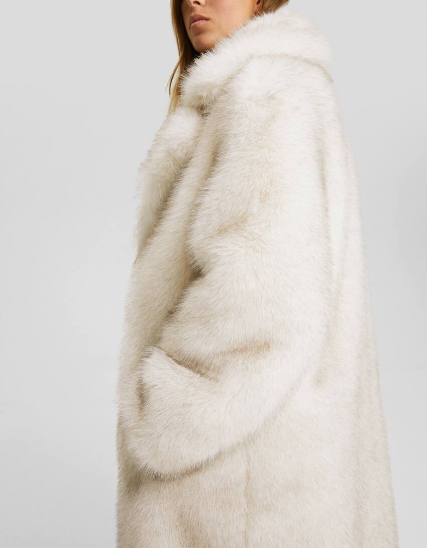 Long faux fur coat-Beige-3