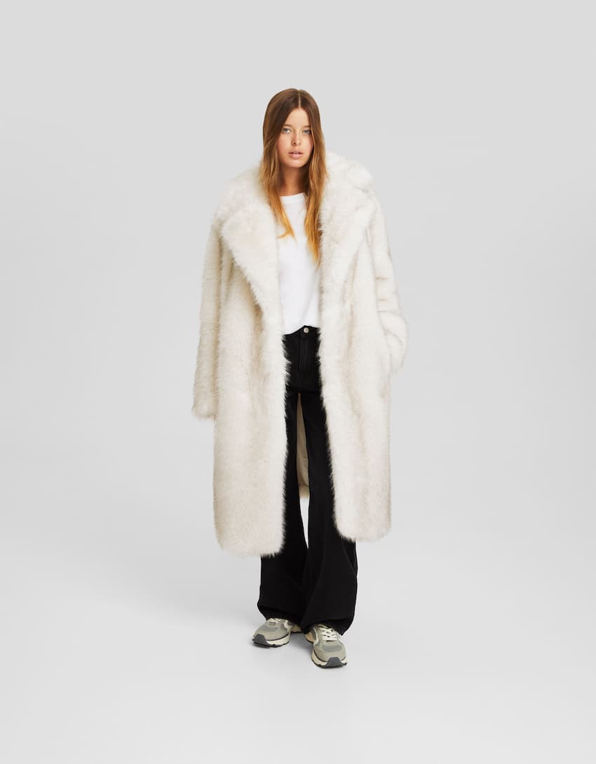 Long faux fur coat-Beige-0