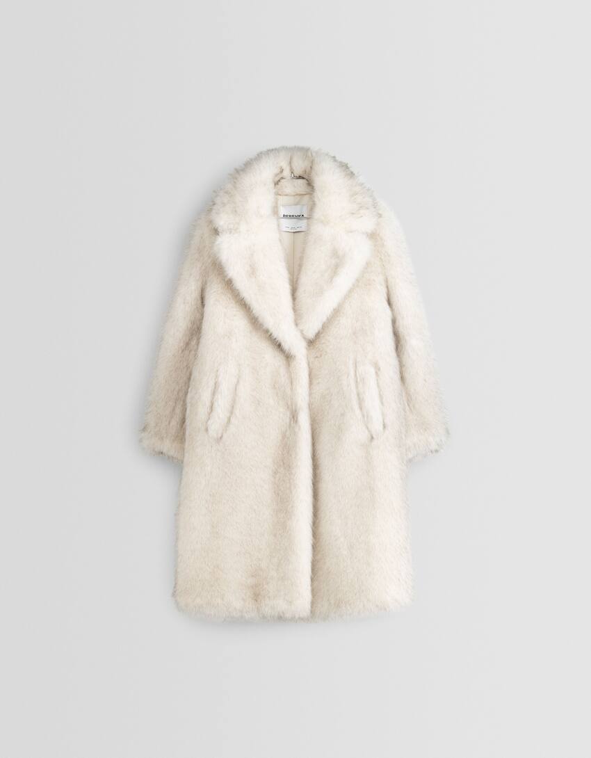 Long faux fur coat-Beige-4