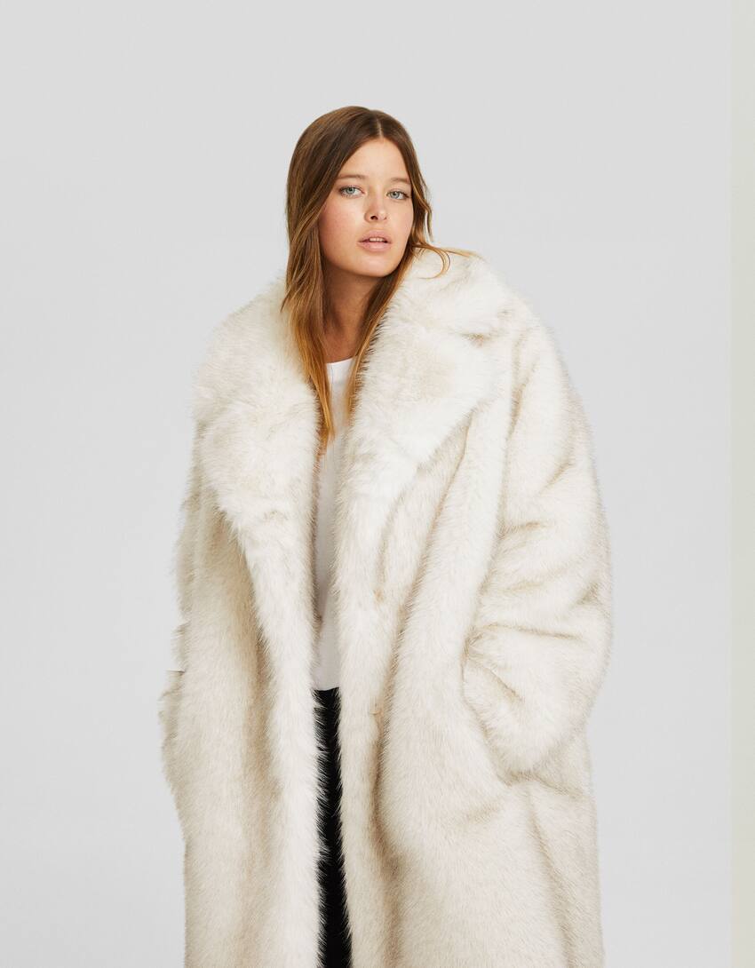 Long faux fur coat-Beige-1