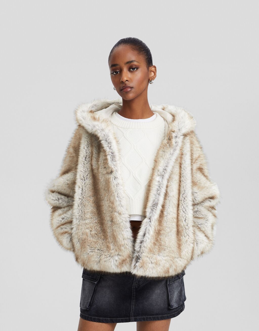 Hooded faux fur coat Women Bershka