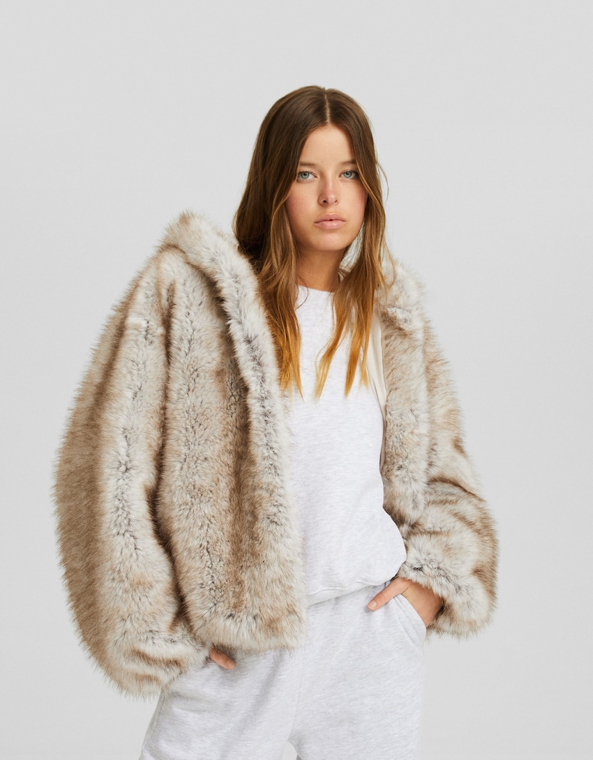 Hooded faux fur coat - Women | Bershka