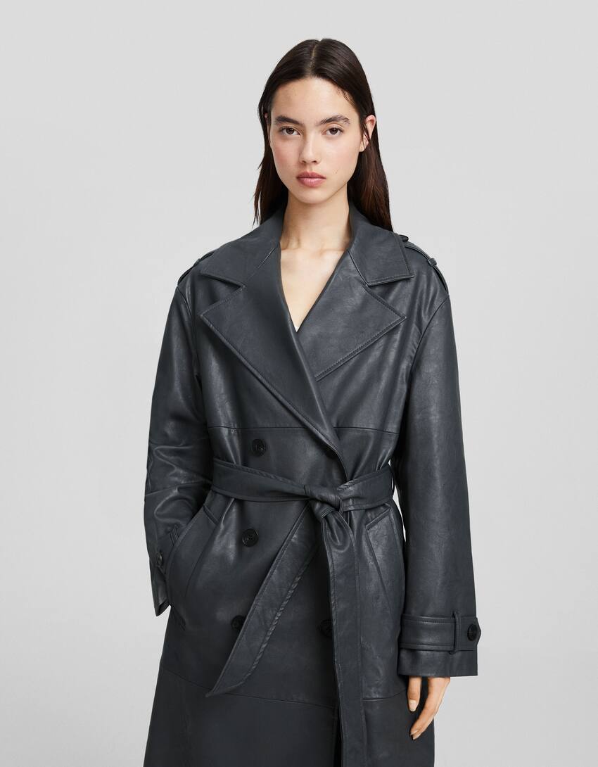 Faux leather trench coat-Dark grey-2