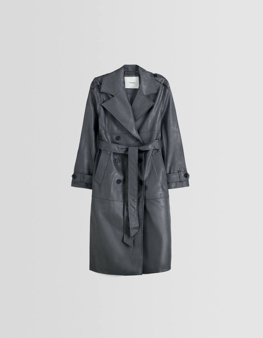 Faux leather trench coat-Dark grey-4