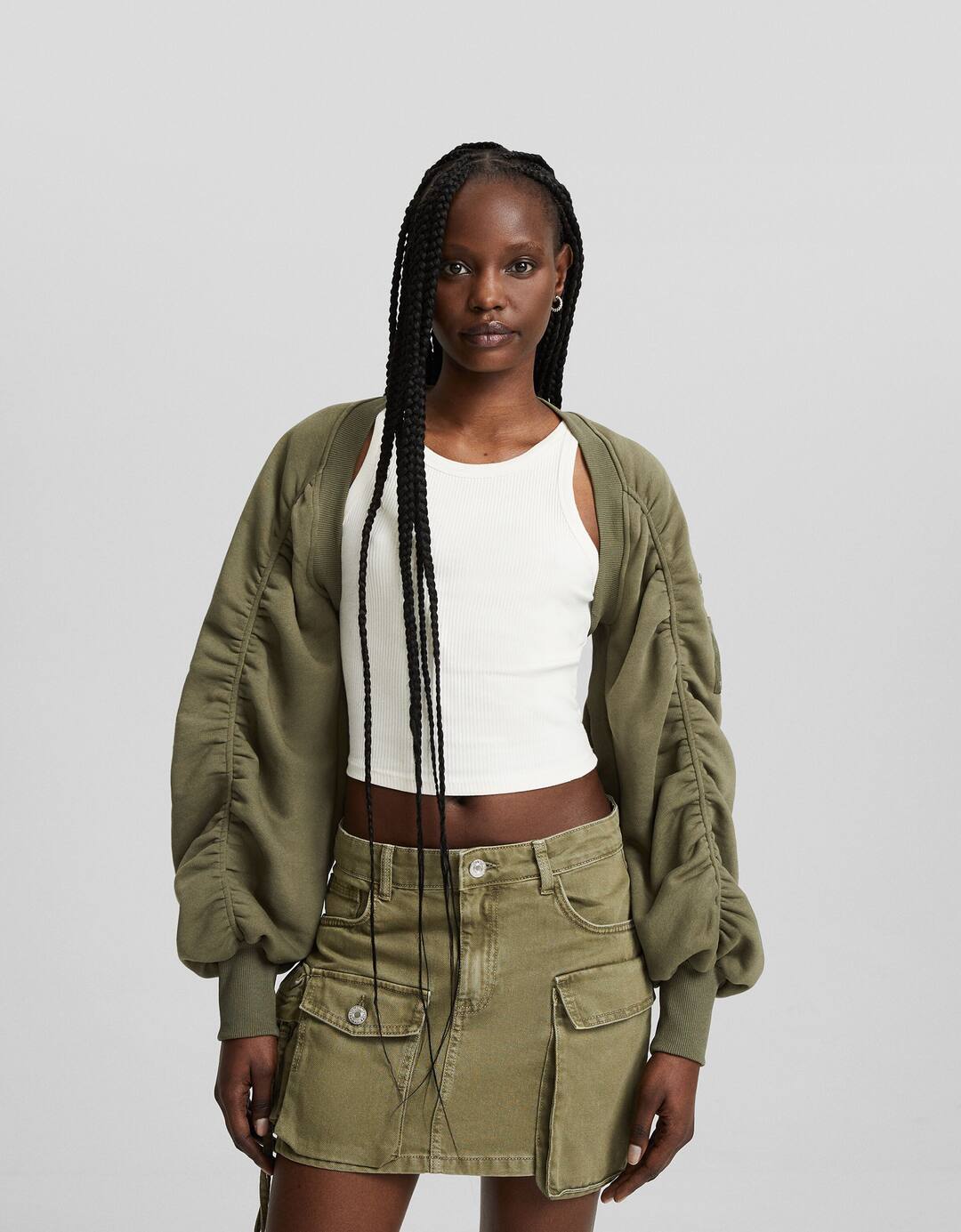Plush arm warmer bomber jacket