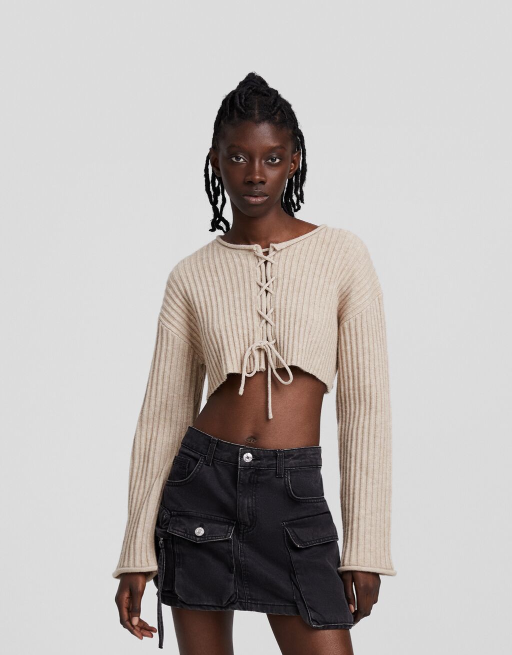Cropped ribbed knit cardigan with ties Sweatshirts and sweaters
