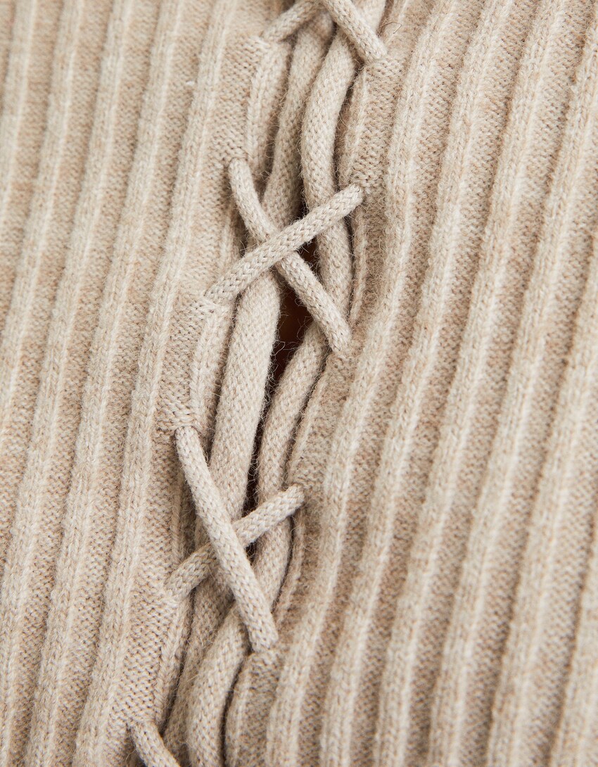 Cardigan cropped in maglia a coste con fiocco-Sabbia-5