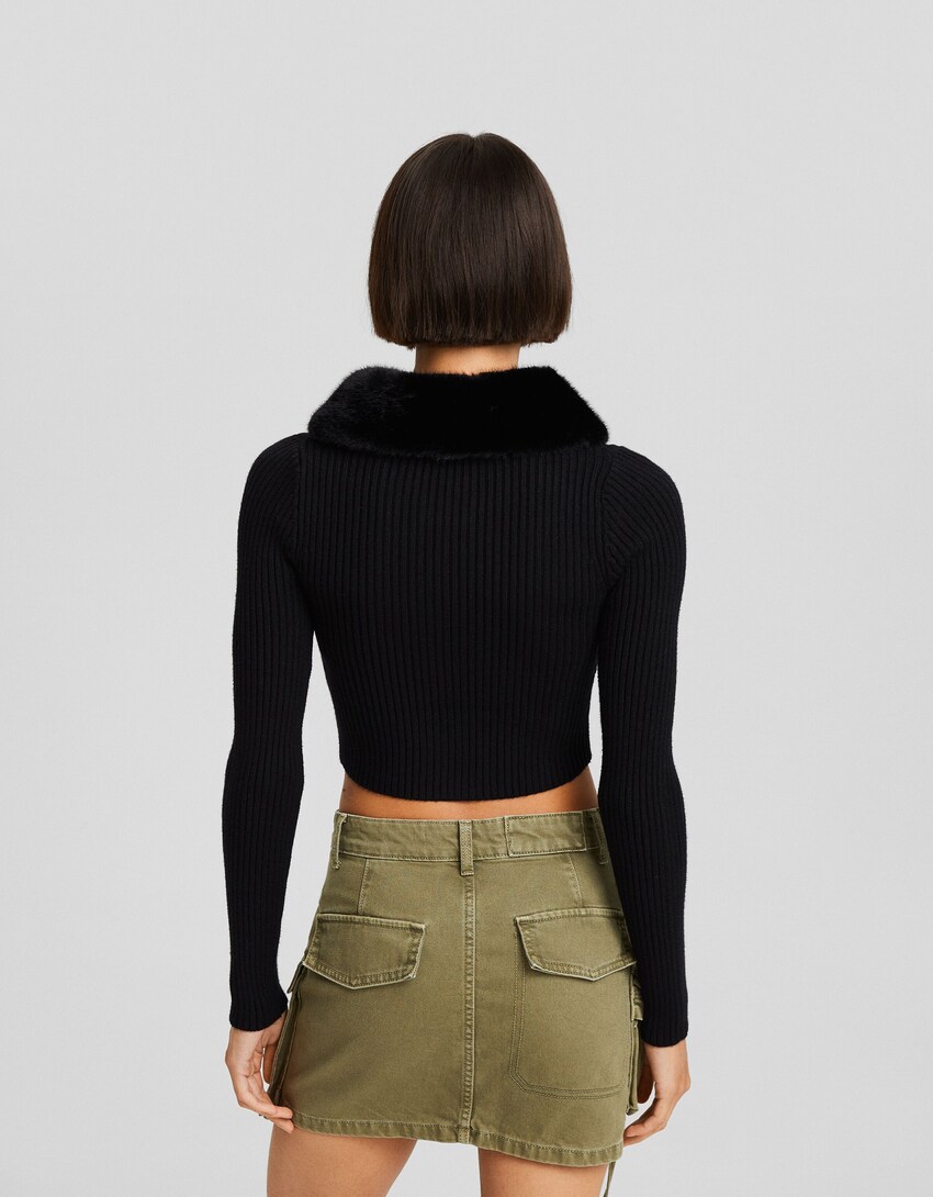 Cardigan con cerniera e colletto in pelliccia sintetica-Nero-1