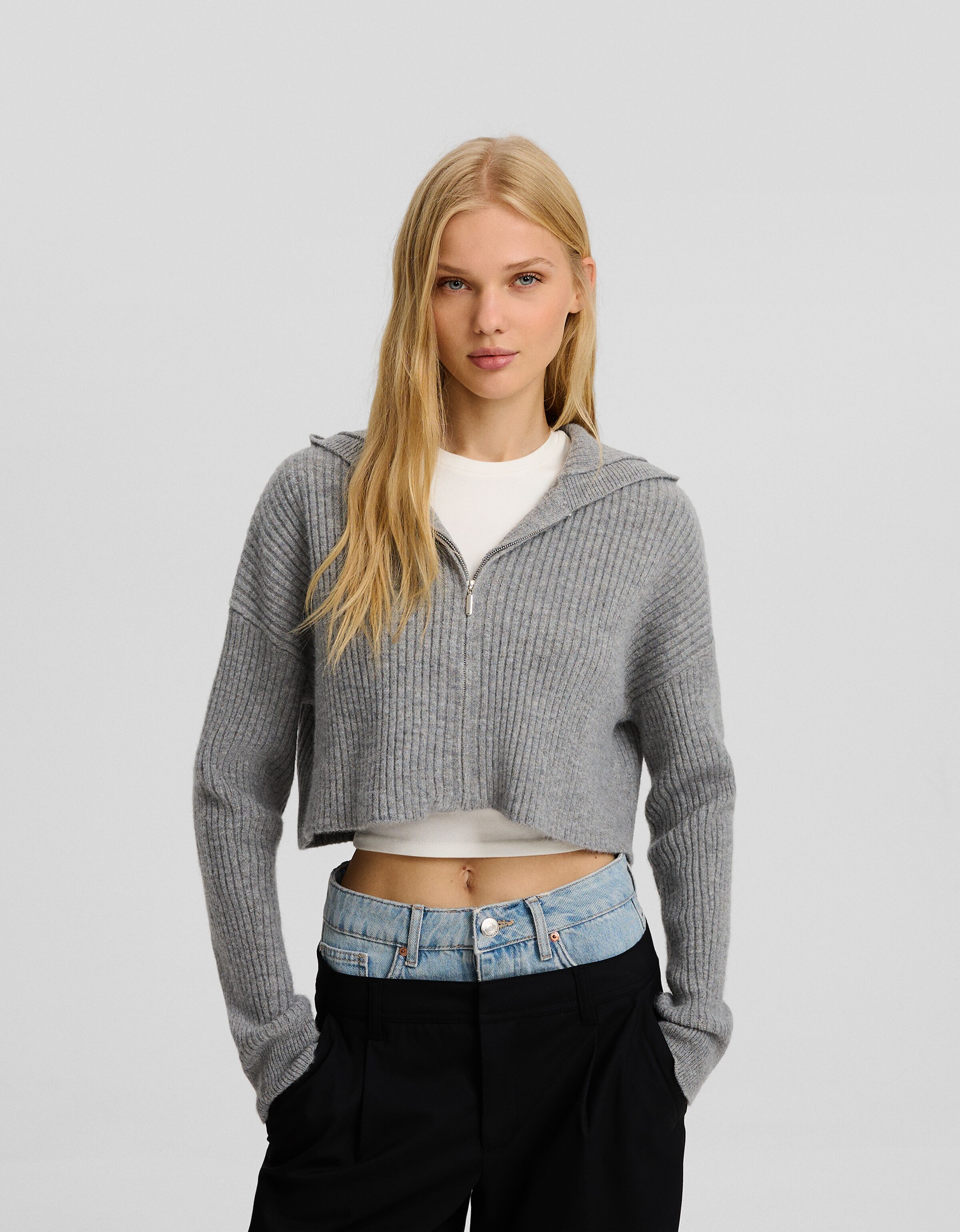 Bershka ribbed 2025 cardigan with zip