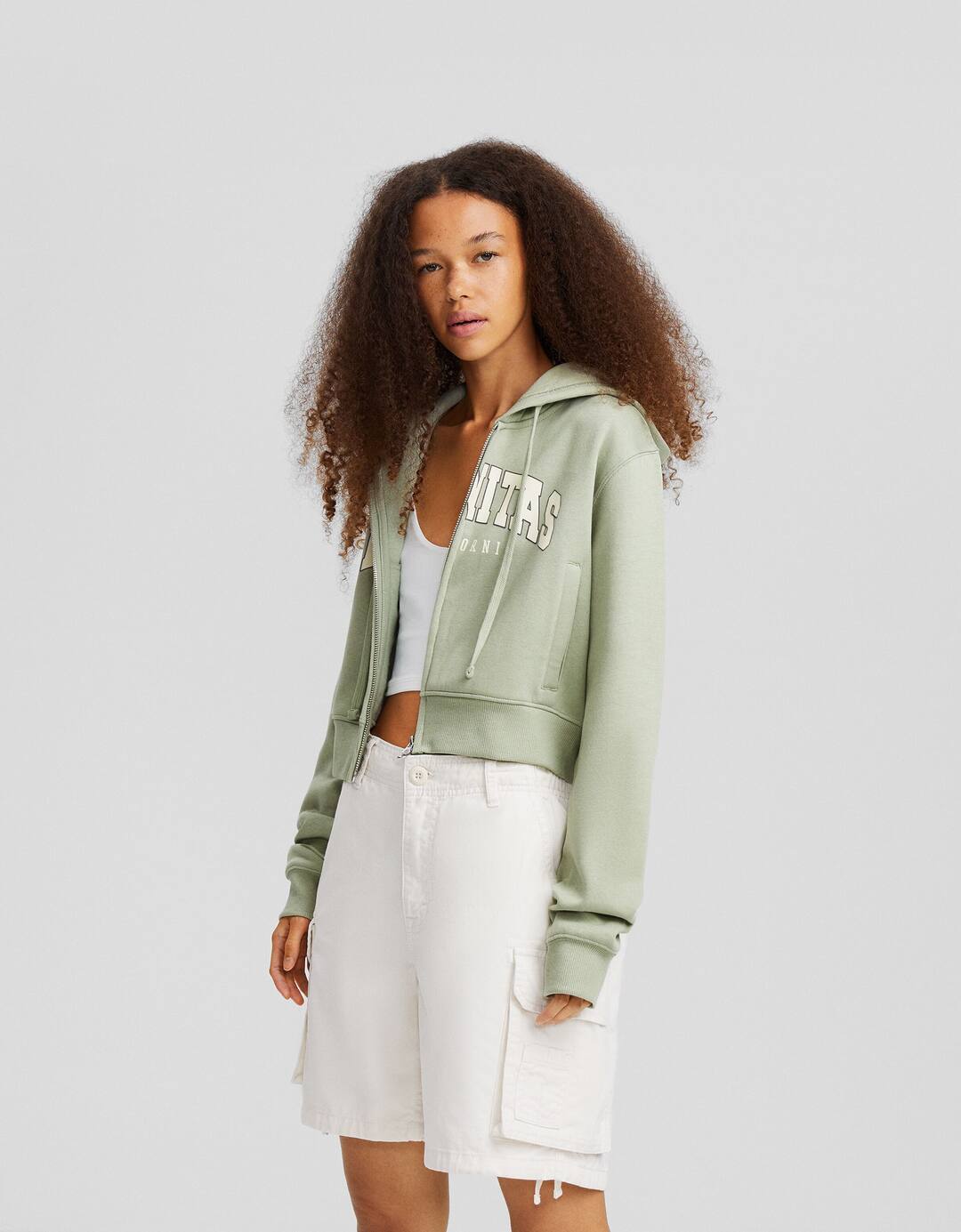Cropped zip-up hoodie with print