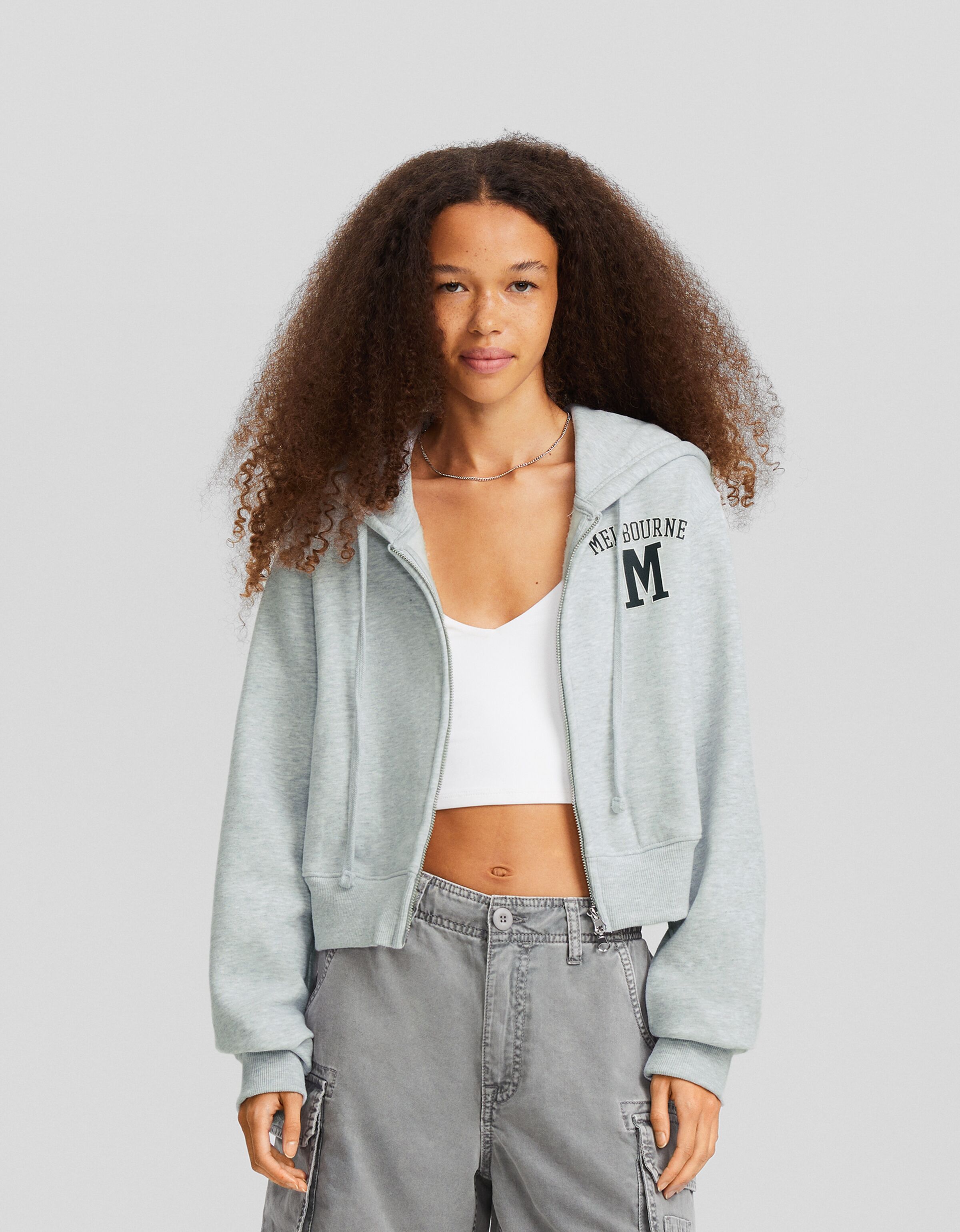 Cropped zip up hoodie with print