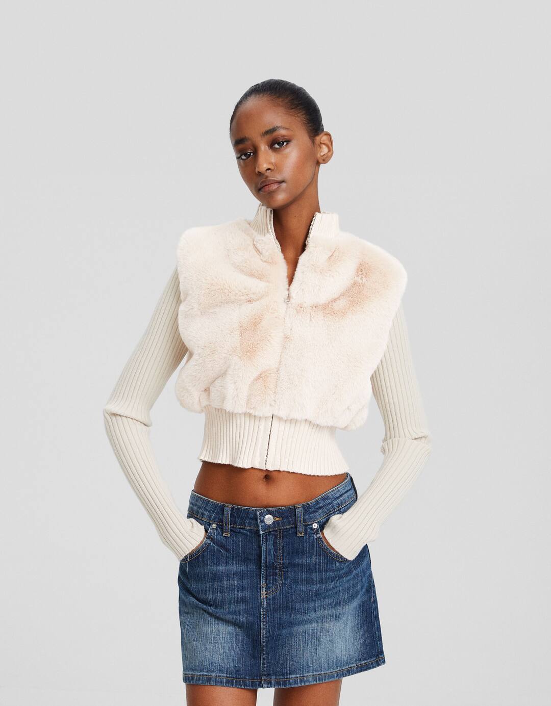 Zip-up faux fur cardigan