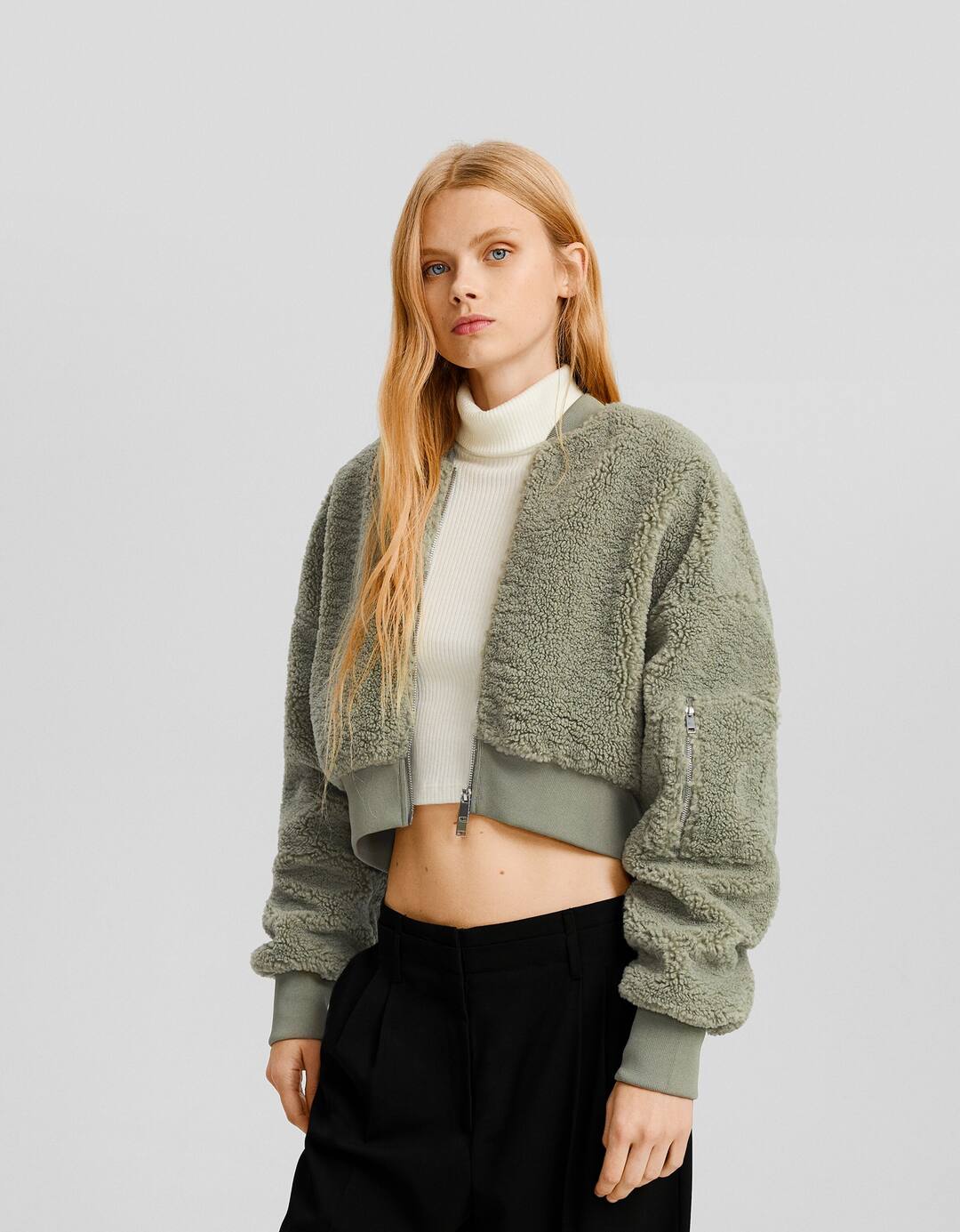 Faux shearling zip-up sweatshirt