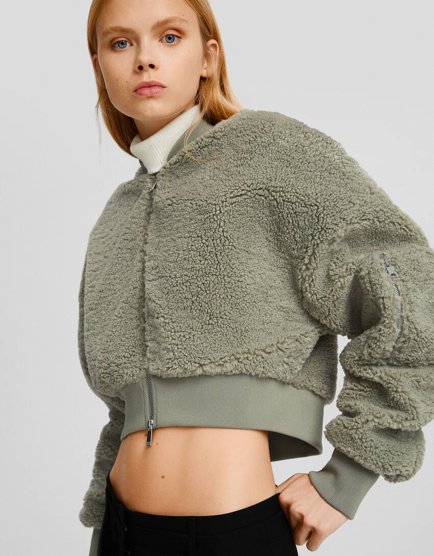 Faux shearling zip-up sweatshirt-Khaki-2