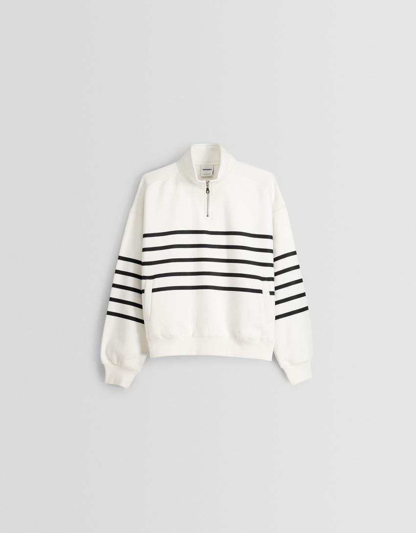 سويت شيرت بطبعة وسحاب-أبيض / أسود-4