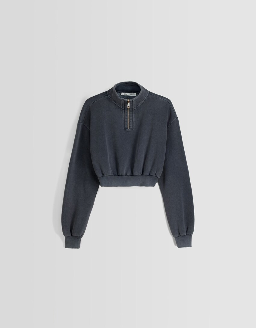 Sweatshirt cropped com efeito de lavagem-Cinzento-escuro-4