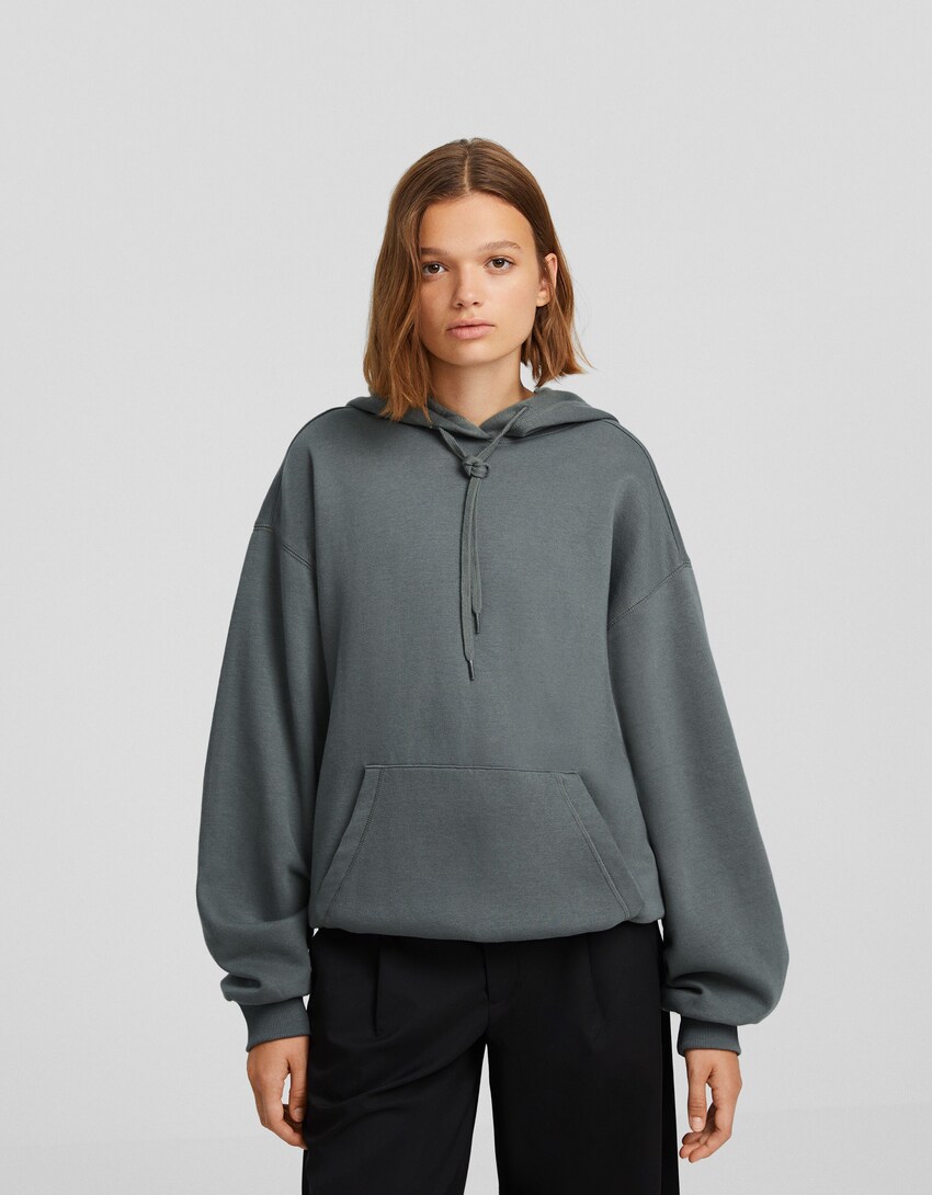 Bershka graphic logo oversized zip up hoodie in gray