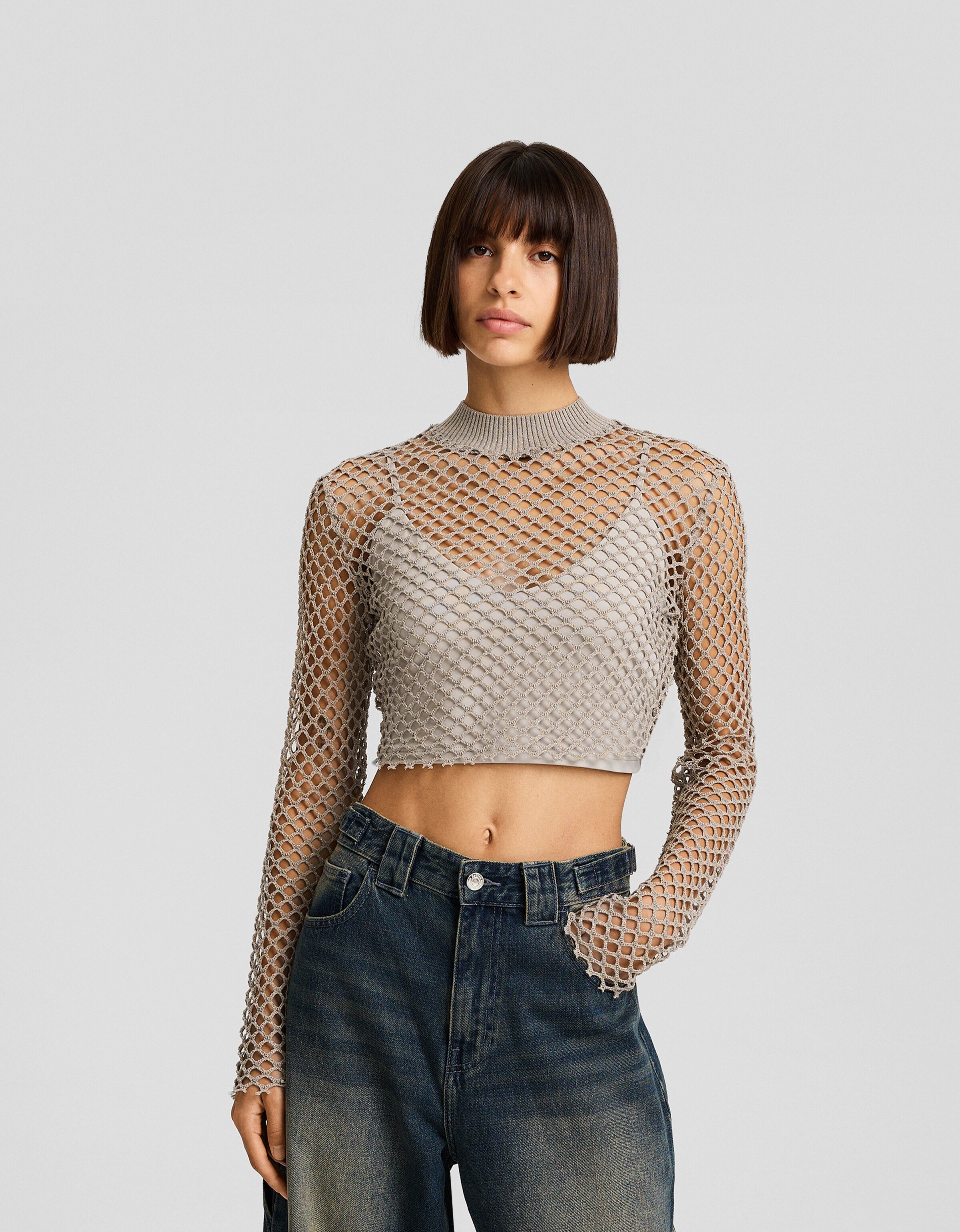 Shimmery mesh sweater - T-shirts - Women | Bershka