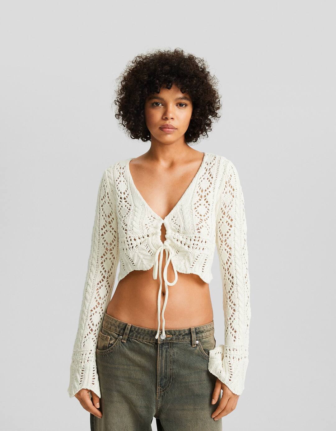 Openwork cardigan with gathered detail