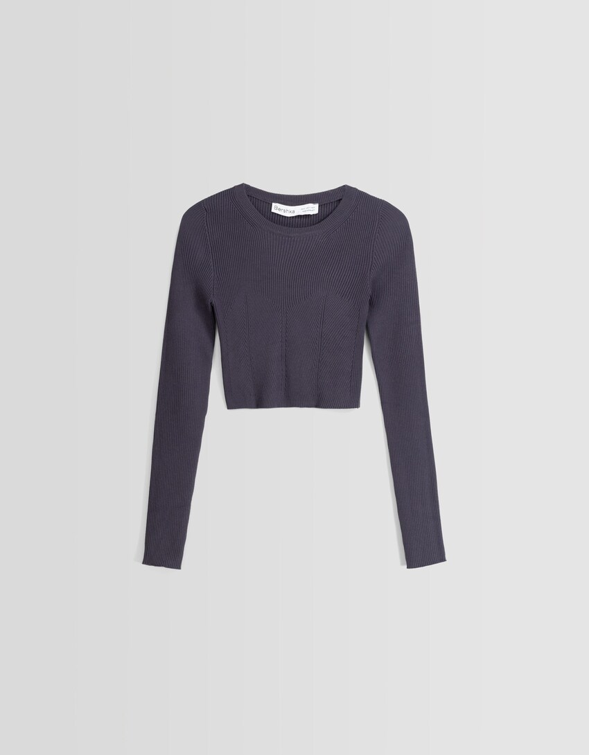 Maglia cropped a coste-Grigio scuro-4