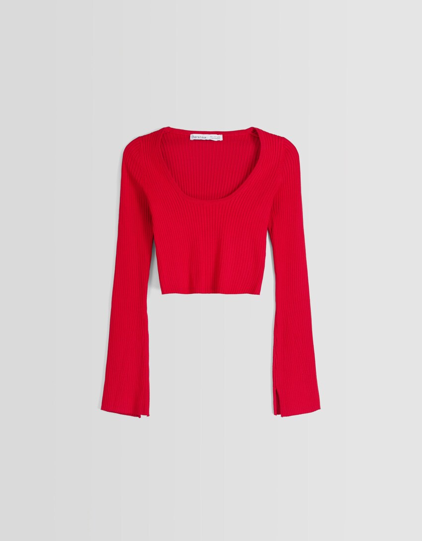 Sweater com decote de malha com nervuras-Vermelho-4