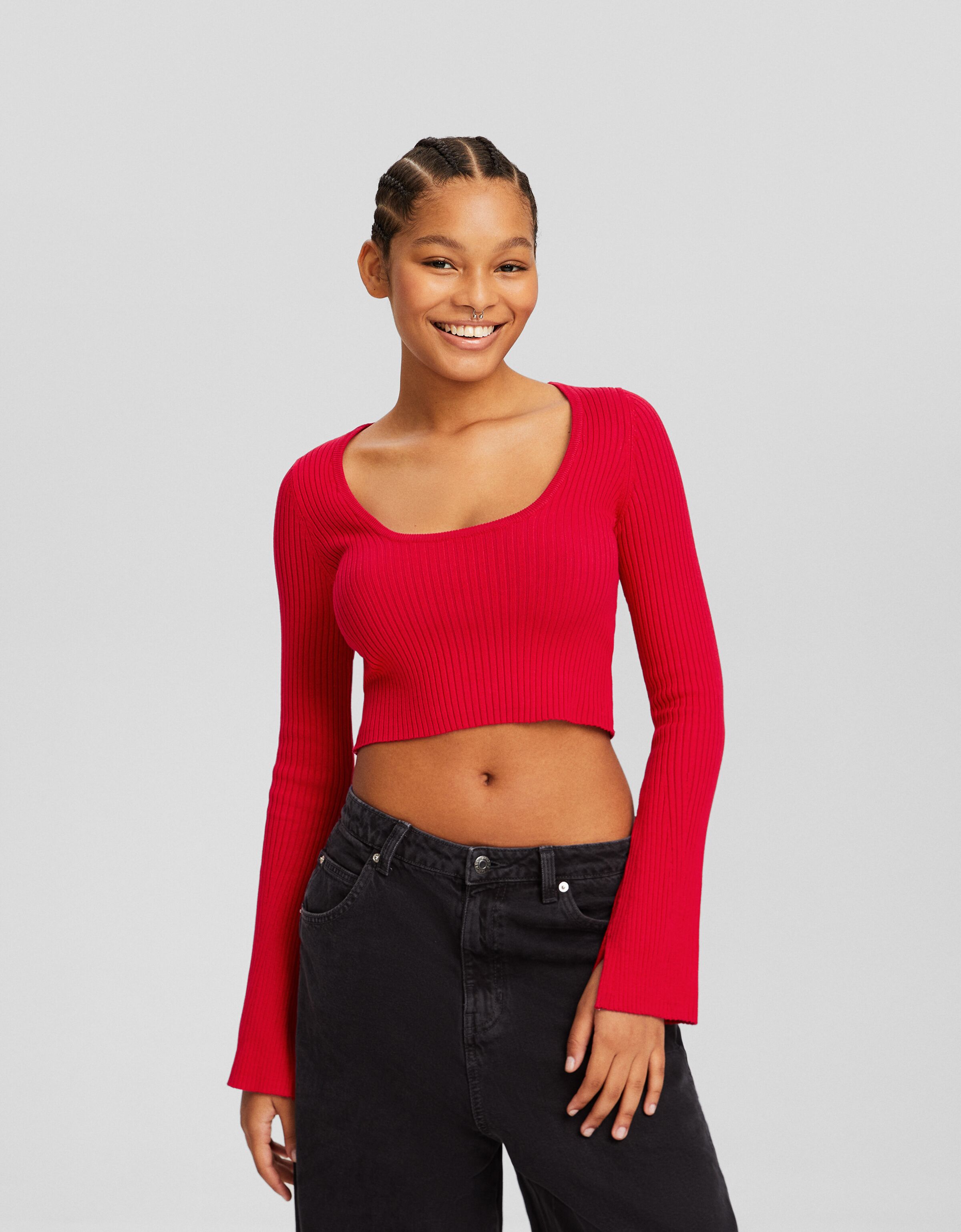 Ribbed knit top with scoop neckline - Sweaters and cardigans - BSK