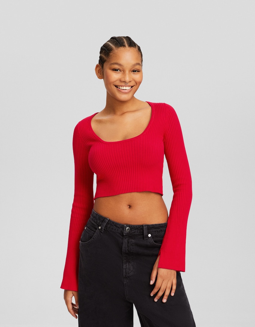 Sweater com decote de malha com nervuras-Vermelho-0
