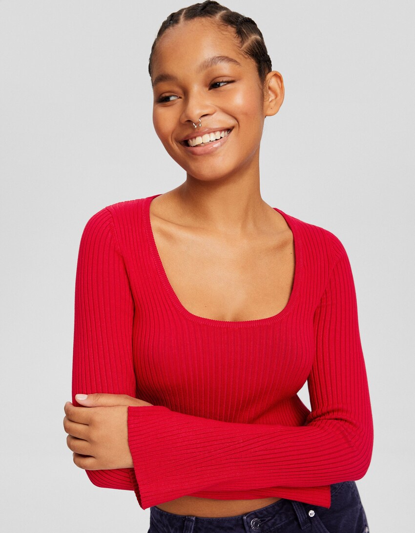 Sweater com decote de malha com nervuras-Vermelho-2