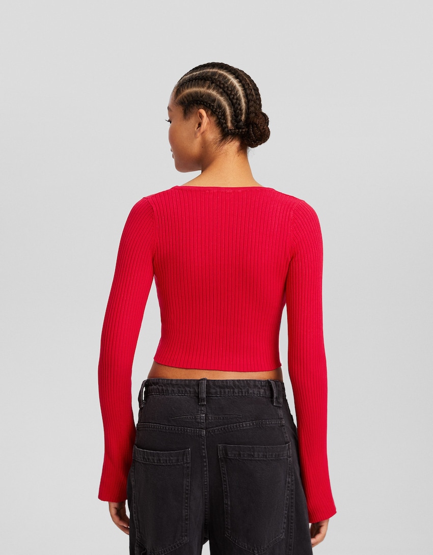 Sweater com decote de malha com nervuras-Vermelho-1