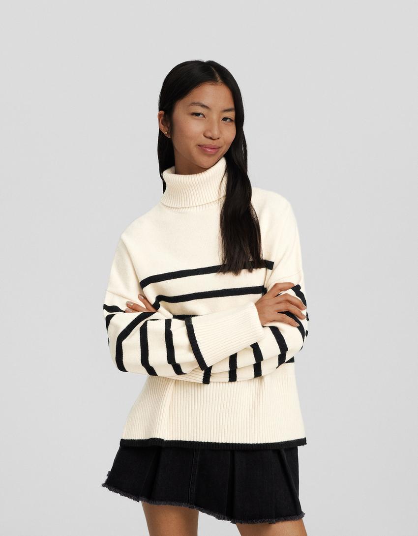 Striped high neck sweater-Cream-0