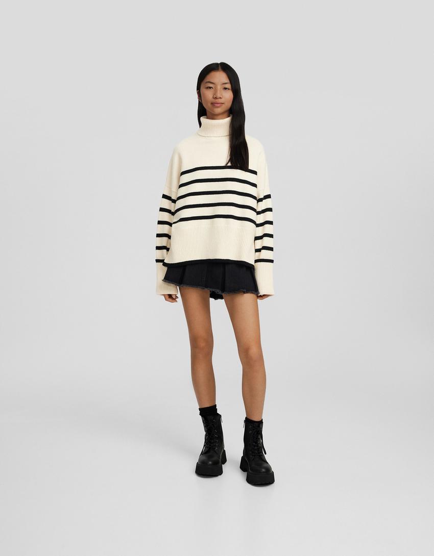 Striped high neck sweater-Cream-3